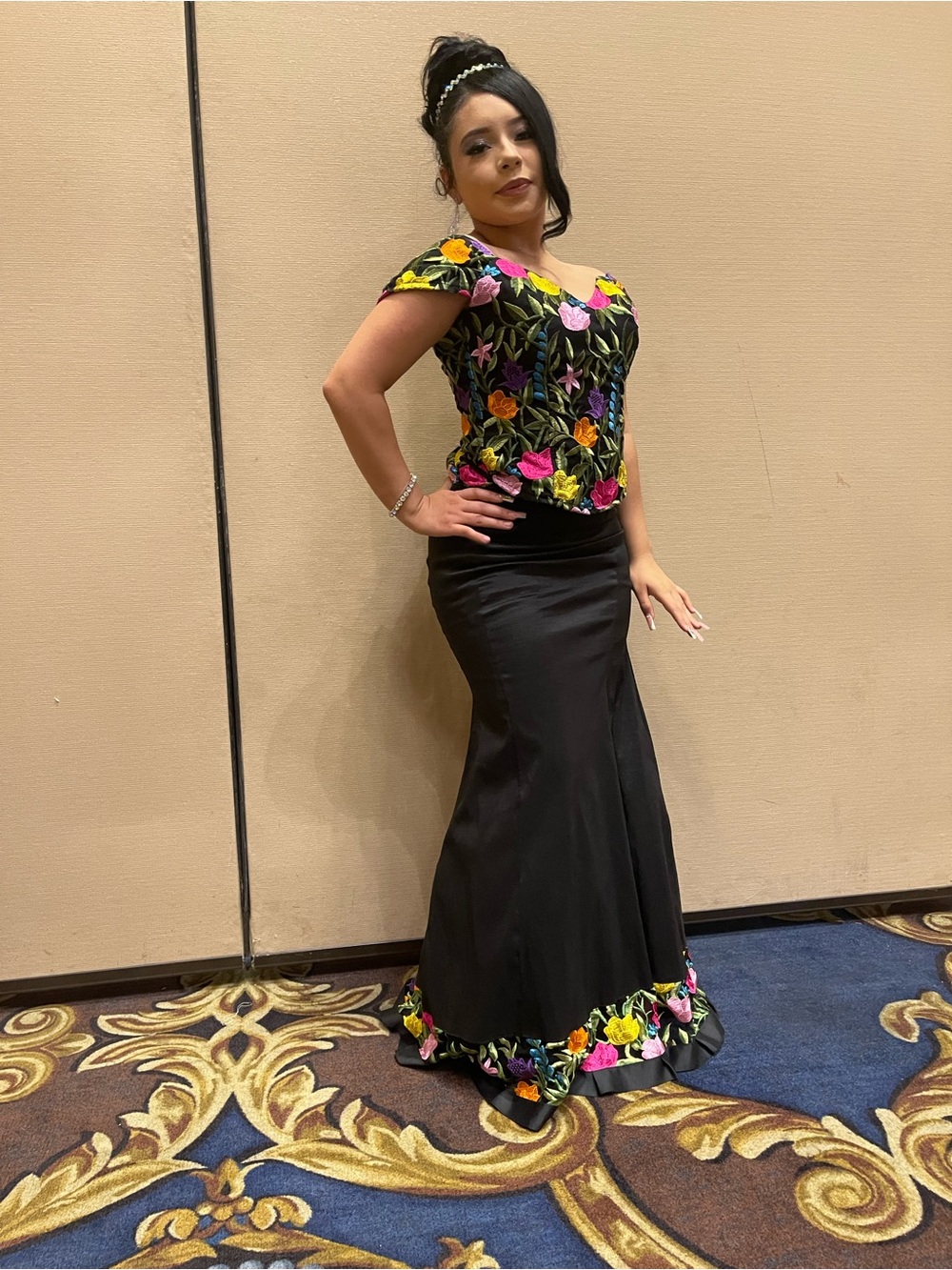 Strapless Black Mermaid Dress with Multicolor Floral Embroidery